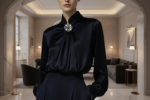 Black Satin High-Neck Blouse with Crystal Accent|Elegant Jewel Neck Long Sleeve Satin Blouse - 图片 2