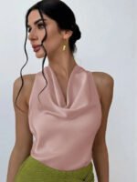 Elegant Satin Halter Blouse for Women – Sleeveless Bow Neck Office Lady Top - 图片 11