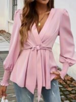 Teal Long Sleeve Wrap Blouse for Women – V-Neck Tie-Front Elegant Top | Chic Everyday & Workwear Blouse - 图片 3