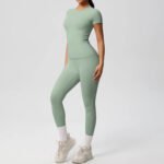 Luxury Seamless Pink Two-Piece Activewear Set – Short Sleeve Top & High-Waist Leggings Gym Outfit - 图片 4