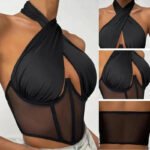 Elegant Halter Neck Mesh Corset Top for Women | Sheer Panel Wrap Neck Crop Top | Clubwear & Night Out Fashion - 图片 2