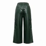 Luxury Forest Green PU Leather Wide-Leg Cargo Pants – High-Waist Cropped Vegan Leather Trousers for Women - 图片 3