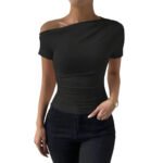 Beige One-Shoulder Ruched Crop Top for Women – Asymmetrical Short Sleeve Fitted Top | Minimalist Chic Essential - 图片 6