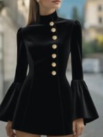 Elegant White High-Neck Mini Dress for Women | Gold Button Long Sleeve Structured Dress - 图片 8