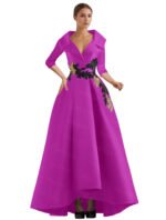Elegant Champagne High-Low Evening Dress – V-Neck Structured Gown with Embroidered Appliqué - 图片 7
