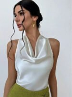 Elegant Satin Halter Blouse for Women – Sleeveless Bow Neck Office Lady Top - 图片 21