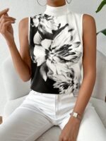 Black & White Floral Sleeveless High-Neck Blouse – Elegant Monochrome Women’s Top | Boutique Fashion - 图片 7