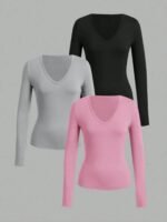Long-Sleeve V-Neck Fitted Top – Soft Stretch Everyday Essential - 图片 4