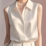 Sleeveless Satin Blouse for Women – Elegant Button-Front Top - 图片 12