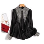 Elegant Ivory Lace Trim Blouse for Women – Long Sleeve Button-Up High Neck Top | Classic Boutique Blous - 图片 5