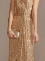 Gold Sequin Sleeveless Maxi Dress for Women | V-Neck Ruched Evening Gown with Slit - 图片 3