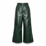 Luxury Forest Green PU Leather Wide-Leg Cargo Pants – High-Waist Cropped Vegan Leather Trousers for Women - 图片 8