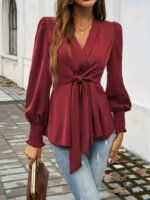 Teal Long Sleeve Wrap Blouse for Women – V-Neck Tie-Front Elegant Top | Chic Everyday & Workwear Blouse - 图片 7