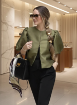 Solid Satin Balloon Sleeve Blouse for Women | Puff Sleeve O-Neck Single-Breasted Loose Fit Top - 图片 3