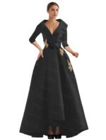 Elegant Champagne High-Low Evening Dress – V-Neck Structured Gown with Embroidered Appliqué - 图片 6