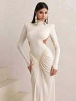 Elegant Ivory Long Sleeve Maxi Dress – High Neck Cut-Out Bodycon Evening Gown for Women - 图片 10