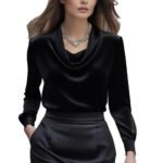 Luxury Draped Satin Blouse for Women – Elegant Long Sleeve Cowl Neck Top - 图片 5