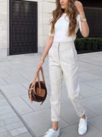 High Waist Tapered White Pants for Women – Elegant Tailored Ankle-Length Office Trousers - 图片 2