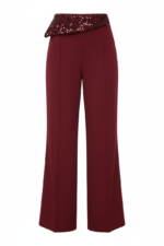 Burgundy High Waist Wide Leg Pants with Sequin Waistband | Elegant Dressy Women’s Trousers - 图片 14