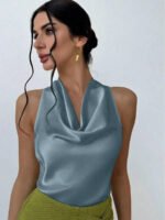 Elegant Satin Halter Blouse for Women – Sleeveless Bow Neck Office Lady Top - 图片 19