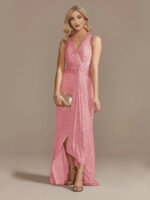 Gold Sequin Sleeveless Maxi Dress for Women | V-Neck Ruched Evening Gown with Slit - 图片 15