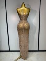 Luxury Champagne Crystal Embellished Maxi Gown – Spaghetti Strap Elegant Evening Dress - 图片 6
