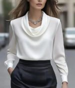 Luxury Draped Satin Blouse for Women – Elegant Long Sleeve Cowl Neck Top - 图片 9