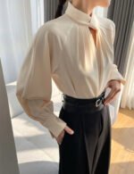 Elegant Twist-Neck Satin Blouse for Women – Long Sleeve Formal Top - 图片 12
