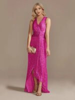 Gold Sequin Sleeveless Maxi Dress for Women | V-Neck Ruched Evening Gown with Slit - 图片 8