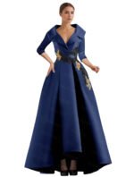 Elegant Champagne High-Low Evening Dress – V-Neck Structured Gown with Embroidered Appliqué - 图片 18