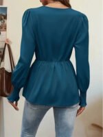 Teal Long Sleeve Wrap Blouse for Women – V-Neck Tie-Front Elegant Top | Chic Everyday & Workwear Blouse - 图片 6