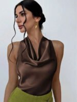Elegant Satin Halter Blouse for Women – Sleeveless Bow Neck Office Lady Top - 图片 13