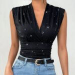 Black Sparkly Sleeveless V-Neck Wrap Top for Women – Ruched Waist Elegant Party Blouse | Chic Day-to-Night Top - 图片 4