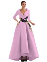 Elegant Champagne High-Low Evening Dress – V-Neck Structured Gown with Embroidered Appliqué - 图片 8