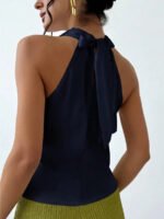 Elegant Satin Halter Blouse for Women – Sleeveless Bow Neck Office Lady Top - 图片 10