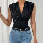 Black Sparkly Sleeveless V-Neck Wrap Top for Women – Ruched Waist Elegant Party Blouse | Chic Day-to-Night Top
