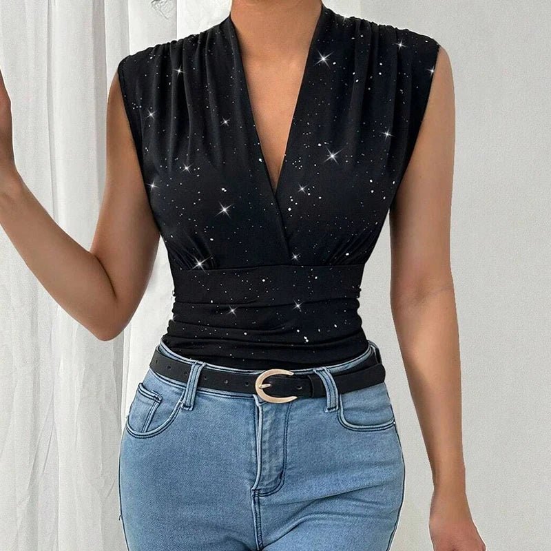 S51f8411616e84b2799b88a1e836e93fa9 Black Sparkly Sleeveless V-Neck Wrap Top for Women – Ruched Waist Elegant Party Blouse | Chic Day-to-Night Top - 图片 1