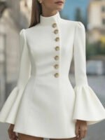Elegant White High-Neck Mini Dress for Women | Gold Button Long Sleeve Structured Dress - 图片 2