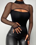 Black One-Shoulder Rhinestone Mesh Crop Top for Women – Long Sleeve Sheer Cutout Party Top | Night Out Statement Top - 图片 5