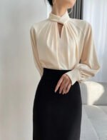 Elegant Twist-Neck Satin Blouse for Women – Long Sleeve Formal Top - 图片 7