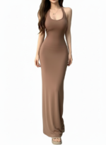 Elegant Brown Sleeveless Maxi Dress – Soft Stretch Bodycon Summer Dress for Women - 图片 3