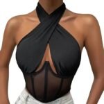 Elegant Halter Neck Mesh Corset Top for Women | Sheer Panel Wrap Neck Crop Top | Clubwear & Night Out Fashion - 图片 9