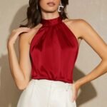 Luxury Satin Halter Neck Blouse for Women – Elegant Sleeveless High-Neck Top in Red, Teal & Black - 图片 12