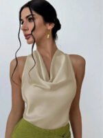 Elegant Satin Halter Blouse for Women – Sleeveless Bow Neck Office Lady Top - 图片 17