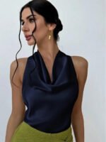 Elegant Satin Halter Blouse for Women – Sleeveless Bow Neck Office Lady Top - 图片 23