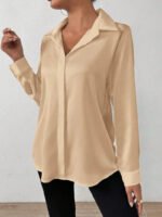 Women’s Satin Long Sleeve Blouse – Hot Pink Silk-Feel Button-Up Shirt | Elegant Loose Office & Casual Top - 图片 3