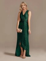 Gold Sequin Sleeveless Maxi Dress for Women | V-Neck Ruched Evening Gown with Slit - 图片 10