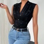 Black Sparkly Sleeveless V-Neck Wrap Top for Women – Ruched Waist Elegant Party Blouse | Chic Day-to-Night Top - 图片 3