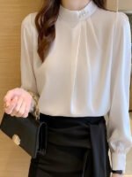Elegant Pearl Button Chiffon Blouse – Light Blue Long Sleeve Office Top - 图片 5
