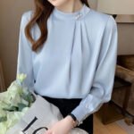 Elegant Pearl Button Chiffon Blouse – Light Blue Long Sleeve Office Top - 图片 15